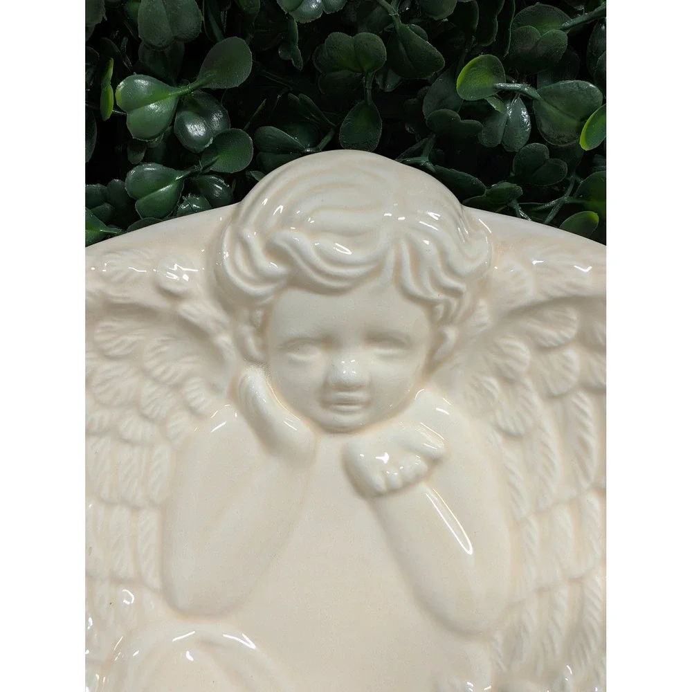 Vintage Cream Ceramic Cherub Angel Soap Dish Peach Tone Winged Decorative Tray